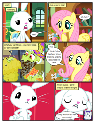 Size: 612x792 | Tagged: safe, artist:newbiespud, edit, edited screencap, screencap, angel bunny, fluttershy, granny smith, rarity, bee, pegasus, pony, rabbit, unicorn, comic:friendship is dragons, animal, bee beard, beehive, book, clothes, comic, dialogue, eyes closed, facepalm, female, flower, male, mare, scarf, screencap comic, sigh, smiling, speech bubble, unamused