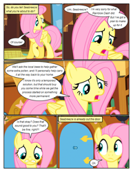 Size: 612x792 | Tagged: safe, artist:newbiespud, edit, edited screencap, screencap, fluttershy, pegasus, pony, comic:friendship is dragons, book, bookcase, comic, concerned, dialogue, door, female, fluttershy's cottage (interior), frown, looking down, mare, screencap comic, worried