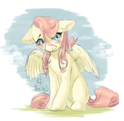 Size: 1206x1182 | Tagged: safe, artist:svelen, fluttershy, butterfly, pegasus, pony, blushing, cute, female, floppy ears, looking at you, mare, shyabetes, sitting, smiling, solo, spread wings, stray strand, three quarter view, wings