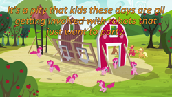 Size: 640x360 | Tagged: safe, edit, edited screencap, screencap, applejack, big macintosh, pinkie pie, earth pony, pony, too many pinkie pies, barn, barn raising, caption, cards against humanity, clone, fun fun fun, image macro, pinkie clone, sweet apple acres, text