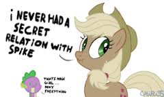 Size: 240x143 | Tagged: safe, applejack, spike, dragon, earth pony, pony, applespike, female, liar face, liarjack, male, needs more jpeg, picture for breezies, scrunchy face, shipping, straight