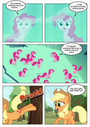 Size: 4959x7017 | Tagged: safe, artist:purplewonderpower, edit, edited screencap, screencap, applejack, pinkie pie, earth pony, pony, the super speedy cider squeezy 6000, too many pinkie pies, absurd resolution, alternate scenario, apple, apple tree, applebucking, cave, cave pool, clone, clones, comic, if only, mirror pool, multeity, pinkie clone, sweat, too much pink energy is dangerous, tree