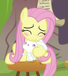 Size: 527x593 | Tagged: safe, screencap, angel bunny, fluttershy, pegasus, pony, rabbit, she talks to angel, angelbetes, animal, blush sticker, blushing, cropped, cute, daaaaaaaaaaaw, duo, eyes closed, female, hug, male, mare, shyabetes, sitting, stool, wholesome