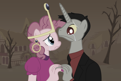 Size: 2576x1736 | Tagged: safe, discord, pinkie pie, anthro, abandoned, crown, crying, discopie, ear piercing, earring, female, holding hands, husband and wife, jewelry, male, my little pony, nail polish, nergal, piercing, princess bubblegum, regalia, shipping, straight