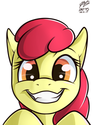 Size: 3000x4000 | Tagged: safe, artist:azerta56, apple bloom, pony, 365 days challenge, adorabloom, bust, cute, fangs, female, filly, grin, happy, looking at you, portrait, simple background, smiling, solo, white background