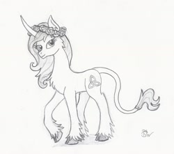 Size: 1862x1644 | Tagged: safe, artist:sensko, classical unicorn, pony, unicorn, celtic knot, chest fluff, cloven hooves, curved horn, damsel, floral head wreath, flower, grayscale, leonine tail, monochrome, pencil drawing, prance, simple background, sketch, solo, traditional art, unshorn fetlocks, white background