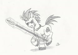 Size: 2120x1503 | Tagged: safe, artist:sensko, pony, unicorn, celtic, celtic knot, gaul, grayscale, magic, magic aura, monochrome, pencil drawing, simple background, sketch, solo, spear, torque, traditional art, tribal, war paint, warrior, weapon, white background