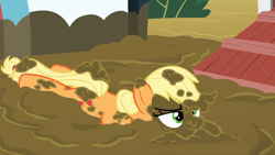 Size: 1920x1080 | Tagged: safe, applejack, earth pony, pony, 28 pranks later, faceplant, female, mare, messy, mud, muddy, pig pen, prank, prone