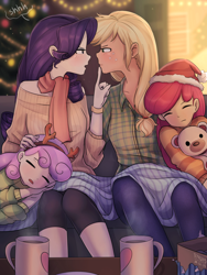 Size: 1200x1600 | Tagged: safe, artist:tcn1205, apple bloom, applejack, rarity, sweetie belle, human, equestria girls, adorabloom, christmas, clothes, cute, daaaaaaaaaaaw, diasweetes, female, hat, holiday, humanized, jackabetes, lesbian, love, pony coloring, raribetes, rarijack, santa hat, scarf, shipping, sisters, sweater