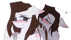 Size: 1211x684 | Tagged: safe, artist:taleriko, oc, oc only, oc:lane dark, oc:taleriko, anthro, anthro oc, blushing, cute, eyes closed, female, heart, lesbian, mane, mare, rcf community, russian, shipping, simple background, smiling, sniffing, white background