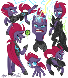 Size: 480x550 | Tagged: safe, artist:creeate97, fizzlepop berrytwist, tempest shadow, pony, unicorn, my little pony: the movie, armor, broken horn, eye scar, female, filly, filly tempest shadow, lightning, magic, mare, obsidian orb, petrification, scar, simple background, sparking horn, white background, younger