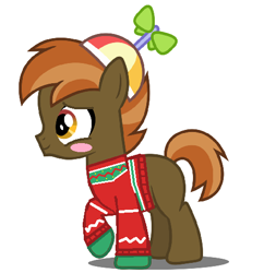 Size: 476x492 | Tagged: safe, artist:drypony198, button mash, earth pony, pony, blush sticker, blushing, buttonbetes, clothes, colt, cute, male, simple background, sweater, white background, winter