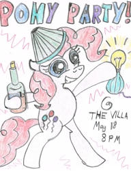 Size: 2480x3229 | Tagged: safe, artist:horselover fat, pinkie pie, pony, alcohol, bipedal, dancing, light bulb, party, poster, traditional art