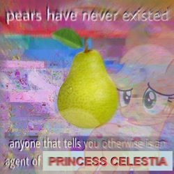 Size: 592x592 | Tagged: safe, editor:pony-berserker, applejack, earth pony, pony, bill wurtz, blurry, deep fried meme, food, implied princess celestia, meme, pear, surreal meme, that pony sure does hate pears