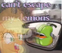 Size: 680x586 | Tagged: safe, artist:ursulav, edit, editor:pony-berserker, applejack, earth pony, pony, biting pear of salamanca, blurry, food, meme, mirror, pear, surreal meme