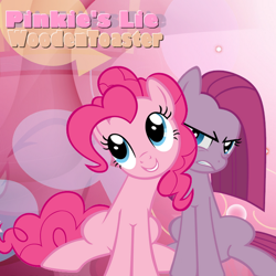 Size: 512x512 | Tagged: safe, pinkie pie, oc, oc:wooden toaster, earth pony, pony, angry, best friends, female, happy, lesbian, pink background, pinkamena diane pie, pinkie's lie, shipping, simple background, two sides, woodentoaster r63