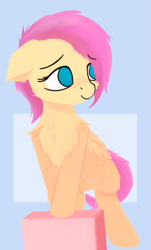 Size: 903x1500 | Tagged: safe, artist:rhythmpixel, fluttershy, pegasus, pony, alternate hairstyle, belly button, blushing, chest fluff, female, floppy ears, folded wings, head turn, looking away, mare, no pupils, short mane, smiling, solo, three quarter view, wings