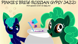 Size: 1024x576 | Tagged: safe, apple bloom, pinkie pie, earth pony, pony, beige background, cauldron, derp, dizzy, drunk, drunk bubbles, drunker bloom, inverted colors, pinkie's brew, pinkiebloom, portuguese, portuguese flag, smiling, text