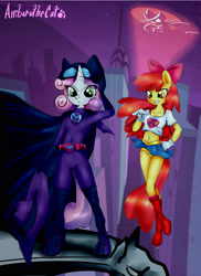 Size: 2550x3507 | Tagged: safe, artist:anibaruthecat, apple bloom, mare do well, sweetie belle, anthro, earth pony, unicorn, batgirl, batmare, belly button, bow, clothes, female, frilly underwear, gotham city, hair bow, midriff, panties, skirt, superfilly, supergirl, superhero, sweetie do well, underwear, upskirt, yellow underwear