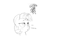 Size: 1579x977 | Tagged: safe, artist:trickydick, babs seed, pony, female, filly, mistletoe, monochrome, simple background, solo, vulgar, white background