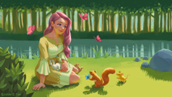 Size: 1920x1080 | Tagged: safe, artist:picklechippy, fluttershy, butterfly, human, mouse, rabbit, squirrel, animal, clothes, cute, dress, female, flower, forest, grass, humanized, lake, looking at something, outdoors, rock, shyabetes, sitting, solo