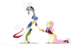 Size: 3416x2123 | Tagged: safe, artist:grievousfan, angel bunny, discord, fluttershy, draconequus, pegasus, pony, rabbit, she talks to angel, animal, annoyed, bipedal, blush sticker, blushing, bouquet, bowtie, clothes, colored hooves, crossdressing, description at source, description in comments, digital art, discoshy, dress, eyes closed, female, floral head wreath, flower, fluttershy is not amused, friendshipping, frown, male, mare, poison joke, ring, shipping, shrug, simple background, straight, transparent background, trio, tuxedo, unamused, wedding dress, wedding ring
