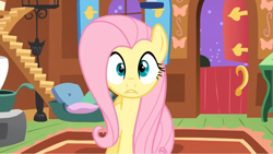 Size: 1363x769 | Tagged: safe, screencap, fluttershy, pegasus, pony, stare master, female, fluttershy's cottage, i've seen some shit, looking at you, oh shi-!, solo, stare