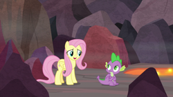 Size: 1920x1080 | Tagged: safe, screencap, fluttershy, spike, dragon, pegasus, pony, sweet and smoky, claws, dragon lands, duo, female, lava, male, mare, rock, winged spike, wings