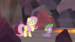 Size: 1280x720 | Tagged: safe, screencap, fluttershy, spike, dragon, pegasus, pony, sweet and smoky, claws, duo, female, male, mare, winged spike, wings