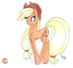 Size: 1168x1100 | Tagged: safe, artist:shadow-nights, applejack, earth pony, pony, apple, female, food, freckles, frown, fruit, looking down, mare, newbie artist training grounds, paper, signature, simple background, solo, traditional art, white background