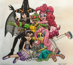 Size: 3044x2693 | Tagged: safe, artist:bozzerkazooers, fluttershy, pinkie pie, cat, equestria girls, chico, crossover, emma, lego, lego friends, michelangelo, shinigami (tmnt 2012), teenage mutant ninja turtles, traditional art