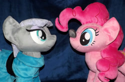 Size: 1600x1055 | Tagged: safe, artist:peruserofpieces, boulder (pet), maud pie, pinkie pie, earth pony, pony, accessory, clothes, duo, female, irl, photo, plushie, ponies balancing stuff on their nose, profile, rock, siblings, sisters, smiling, toy