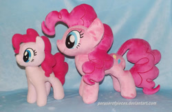Size: 1280x832 | Tagged: safe, artist:peruserofpieces, pinkie pie, earth pony, pony, comparison, duo, female, irl, mare, missing cutie mark, photo, plush this again, plushie, profile, self ponidox, then and now, toy