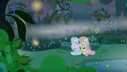 Size: 2200x1238 | Tagged: safe, screencap, feather flatterfly, fluttershy, pegasus, pony, the summer sun setback, canterlot gardens, duo, female, flower, fog, garden, male, mare, panicking, plant, stallion