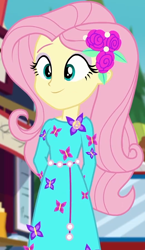 Size: 520x895 | Tagged: safe, screencap, fluttershy, better together, equestria girls, lost and pound, lost and pound: fluttershy, cropped, female, flower, flower in hair, food, food truck, geode of fauna, magical geodes, smiling, solo, standing