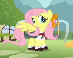 Size: 499x402 | Tagged: safe, artist:user15432, fluttershy, pegasus, pony, bow, bowtie, clothes, cute, dressup, dressup game, hair bow, pleated skirt, school uniform, schoolgirl, shoes, skirt, socks, starsue, uniform