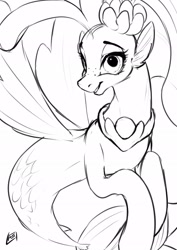 Size: 1448x2048 | Tagged: safe, artist:alice tam, princess skystar, seapony (g4), my little pony: the movie, female, grayscale, monochrome, simple background, smiling, solo, white background