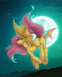 Size: 1000x1259 | Tagged: safe, artist:margony, fluttershy, bat pony, pony, bat ponified, bedroom eyes, butt, cutie mark, fangs, female, fluffy, flutterbat, flutterbutt, flying, lidded eyes, looking at you, moon, nudity, plot, race swap, smug, solo, spread wings, underhoof, wings