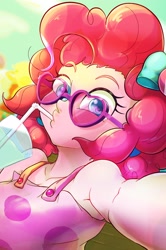 Size: 2050x3091 | Tagged: safe, artist:noupu, pinkie pie, better together, equestria girls, spring breakdown, armpits, bow, clothes, cup, cute, diapinkes, dress, drinking, female, glasses, hair bow, heart shaped glasses, looking at you, selfie, sleeveless, solo, straw