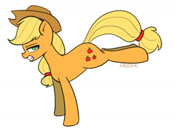 Size: 1280x960 | Tagged: safe, artist:puetsua, applejack, earth pony, pony, applejack's hat, bucking, cowboy hat, gritted teeth, hat, looking at you, simple background, solo, white background