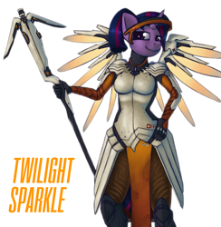 Size: 1936x1982 | Tagged: safe, artist:marsminer, twilight sparkle, anthro, human, mercy, overwatch, simple background, smiling, solo, white background, winged humanization, wings