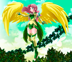 Size: 4786x4141 | Tagged: safe, alternate version, artist:mauroz, fluttershy, human, absurd resolution, armpits, breasts, female, hootershy, humanized, solo, winged humanization, wings