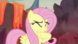 Size: 1280x720 | Tagged: safe, screencap, fluttershy, pegasus, pony, sweet and smoky, eyes closed, female, lava, mare, raised hoof, solo