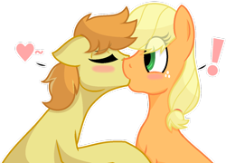 Size: 1204x868 | Tagged: safe, artist:sapphireartemis, applejack, braeburn, earth pony, pony, applecest, blushing, braejack, female, floppy ears, incest, kissing, male, shipping, simple background, story included, straight, transparent background, white outline