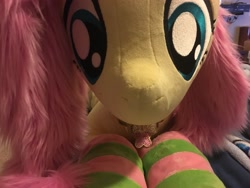 Size: 4032x3024 | Tagged: safe, artist:natureshy, artist:qtpony, fluttershy, pony, clothes, cute, element of kindness, front view, irl, jewelry, life size, necklace, photo, plushie, socks, solo, striped socks