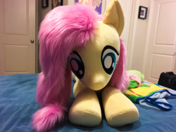 Size: 4032x3024 | Tagged: safe, artist:natureshy, artist:qtpony, fluttershy, pegasus, pony, fluffy, front view, life size, lying on bed, plushie, prone