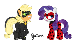 Size: 4744x2668 | Tagged: safe, artist:gutovi, applejack, rarity, earth pony, pony, unicorn, applecat, chat noir, clothes, cosplay, costume, crossover, cute, female, jackabetes, ladynoir, lesbian, miraculous ladybug, raribetes, rarijack, shipping, show accurate