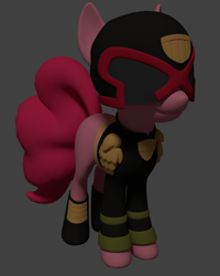 Size: 866x1080 | Tagged: safe, artist:dracagon, pinkie pie, earth pony, pony, 3d, clothes, female, gray background, helmet, judge dredd, mare, simple background, solo, uniform, wip