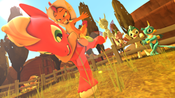 Size: 1280x720 | Tagged: safe, artist:sdsfm0788, apple bloom, applejack, big macintosh, gallus, ocellus, sandbar, smolder, spike, dragon, earth pony, pony, 3d, deviantart watermark, dragons riding ponies, obtrusive watermark, riding, rodeo, watermark