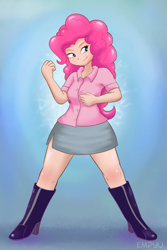 Size: 667x1000 | Tagged: safe, artist:empyu, pinkie pie, human, beautiful, boots, clothes, crossover, cute, female, full body, high heel boots, humanized, miniskirt, pink ranger, power rangers, power rangers lightspeed rescue, shoes, side slit, skirt, smiling, solo, standing, super sentai, thighs